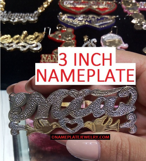 14K GP & Silver 3 Inch Supersize 3-D NamePlate w/o necklace (birds under name)
